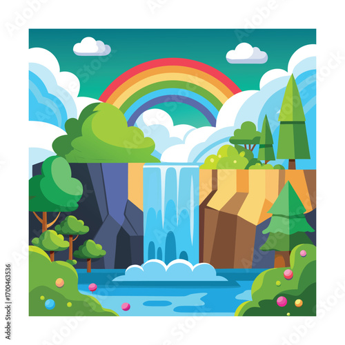 Cartoon Waterfall with Rainbow Fantasy Scene