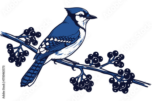 A blue jay perched on a branch with berries, showcasing its vibrant plumage and graceful posture, isolated on white background it is a charming scene vector illustration