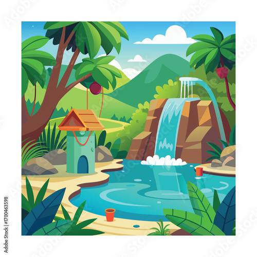 Cartoon Water Spring in Jungle Background Design