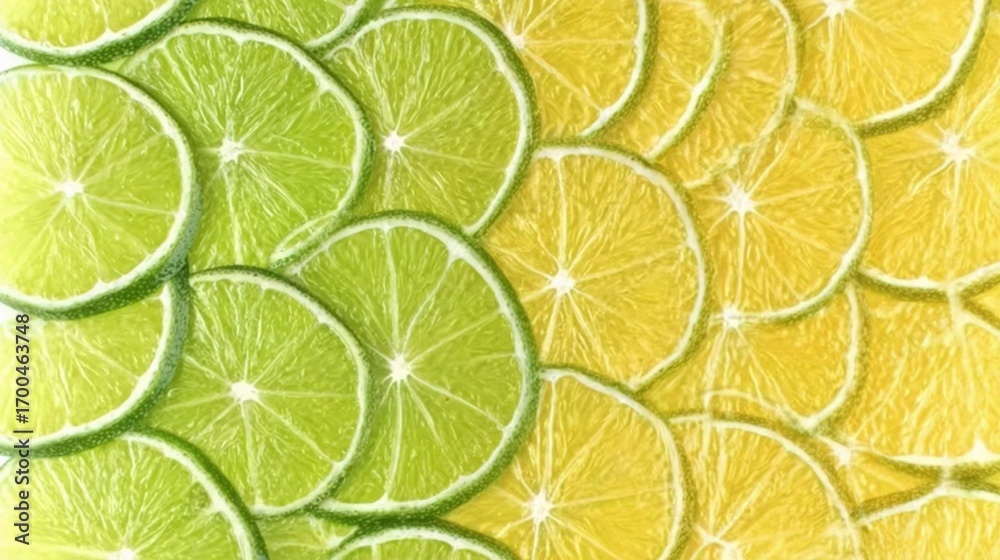 Fototapeta premium fresh juicy lemon and lime slices such as background,Vibrant composition of lemon slices arranged in two contrasting halves,still life food design