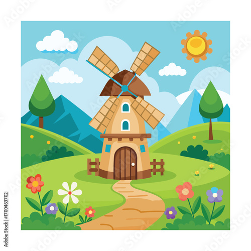 Cartoon Windmill in Summer Meadow Landscape