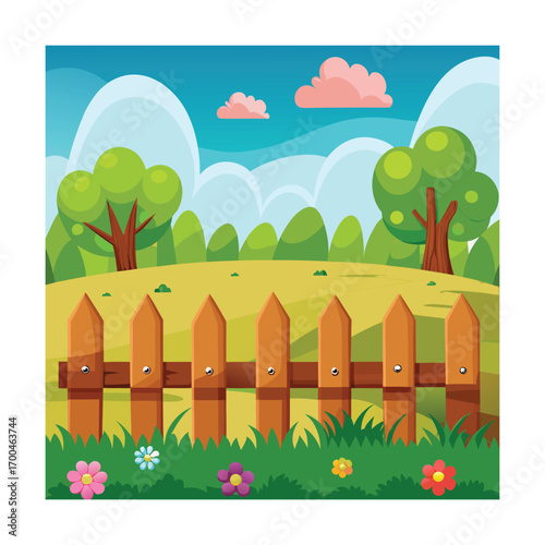Cartoon Wooden Fence in Green Meadow Artwork