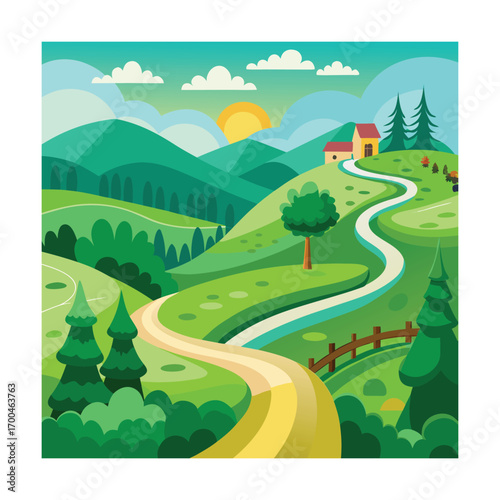 Curvy Trail in Green Cartoon Countryside Landscape