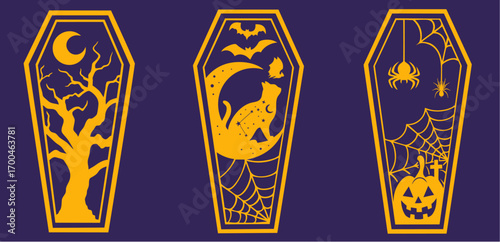 Halloween coffin set with haunted tree, black cat, bats, pumpkin and spider web spooky designs