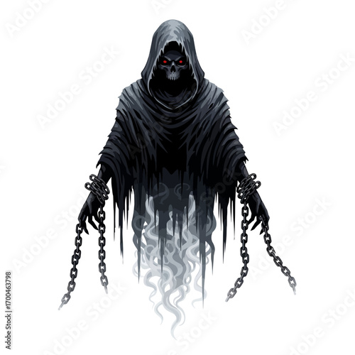 Grim reaper with chains and glowing eyes emerging from mist illustration
