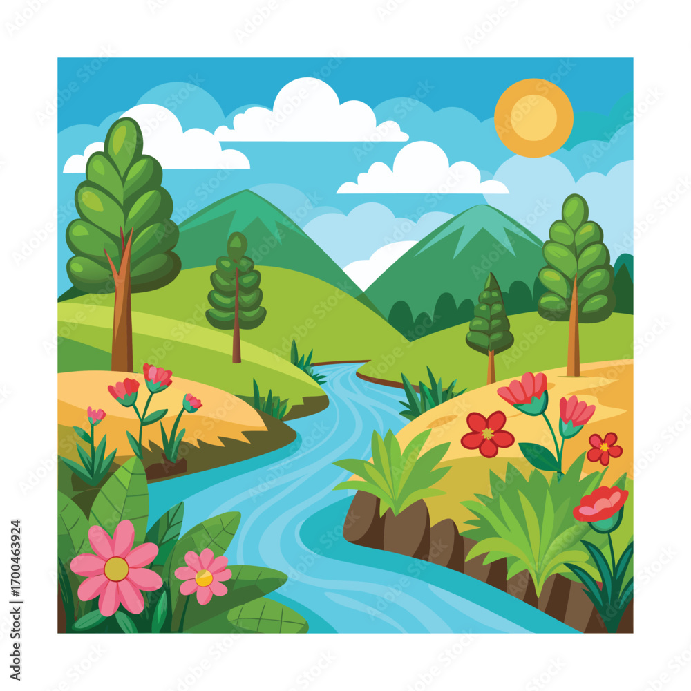 Fototapeta premium Cartoon Riverbank with Flowers Background