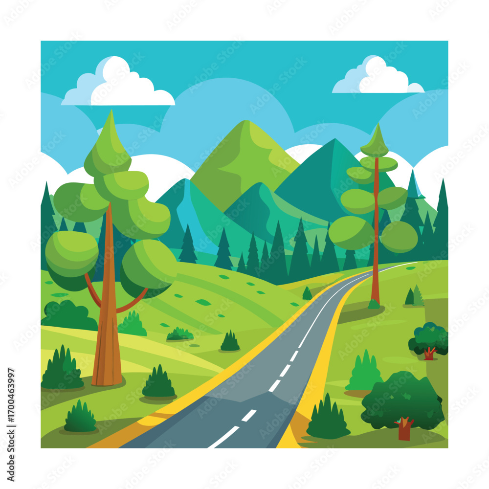 Obraz premium Cartoon Road with Hills and Green Woods Drawing