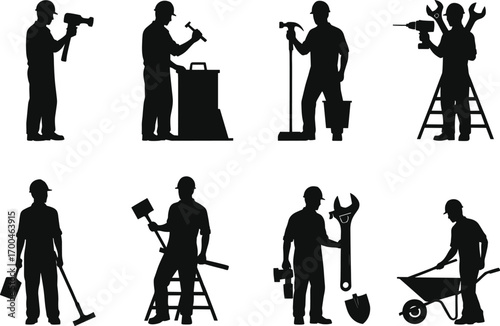 Construction workers silhouette set, using tools like drill, shovel, jackhammer, ladder, wheelbarrow, wrench, hammer, ideal for labor, industry, and engineering themes