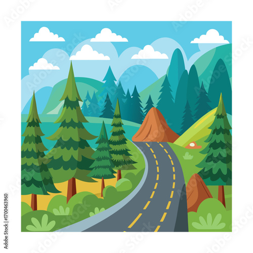 Cartoon Road with Forest Hills Around Illustration