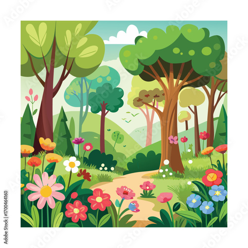 Cartoon Spring Forest with Flowers Artwork