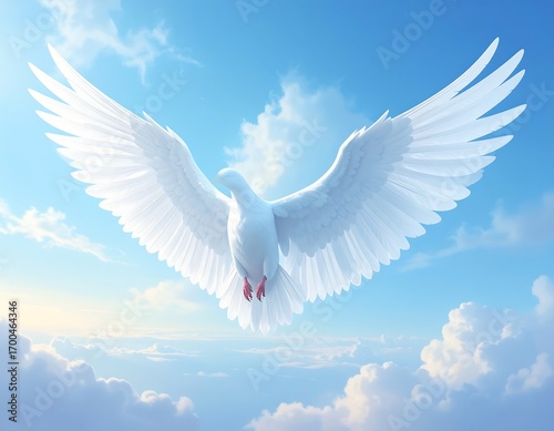 A radiant, white dove soars through a serene, light-filled sky, its wings outstretched against a backdrop of fluffy clouds.