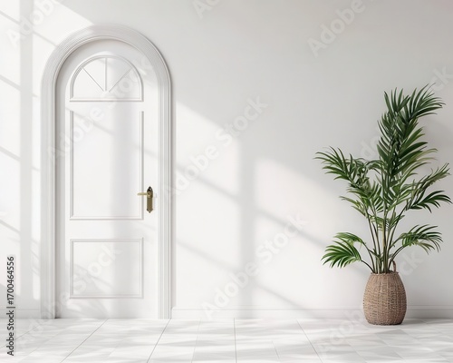 Minimalist hallway with geometric floor tiles and white wall accents