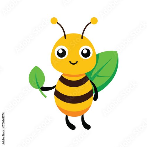 Vector Bee Cartoon Holding Leaf Isolated on White