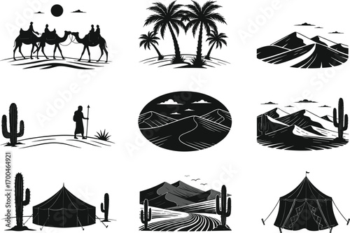 Desert vector illustration set, camels, oasis, tents, dunes, cactus, mountains, black and white, travel scenes, camping, nature, adventure, landscape
