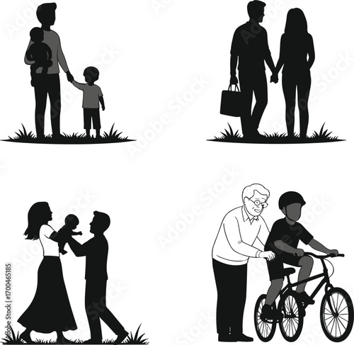 Family silhouette vector illustration, parenting moments, generational bonding, outdoor activity, child care, love, support, teamwork, lifestyle concept, black and white design