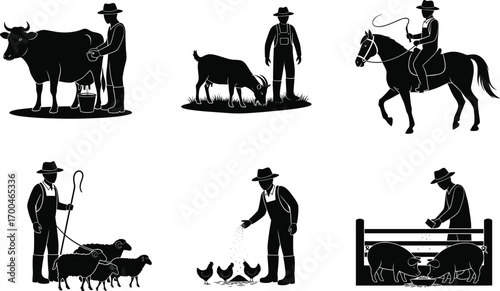 Farm animal care, livestock feeding, rural life, silhouette farming scenes, traditional agriculture, farmer with animals, countryside work, vector illustration set