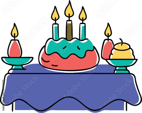 A colorful vector illustration of a birthday cake with lit candles and sweet decorations for a happy celebration