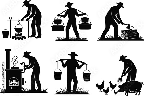 Farmer silhouette vector set, rural life activities, traditional farming, cooking, wood chopping, animal feeding, carrying buckets, countryside lifestyle illustration