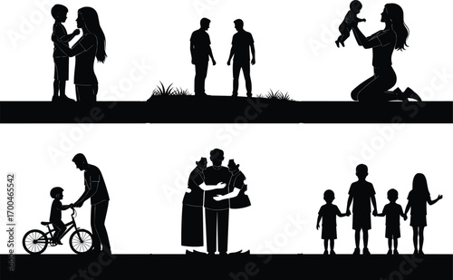 Family bonding, parenting moments, silhouette vector, emotional connection, child support, love, unity, relationship scenes, black and white, lifestyle concept, togetherness