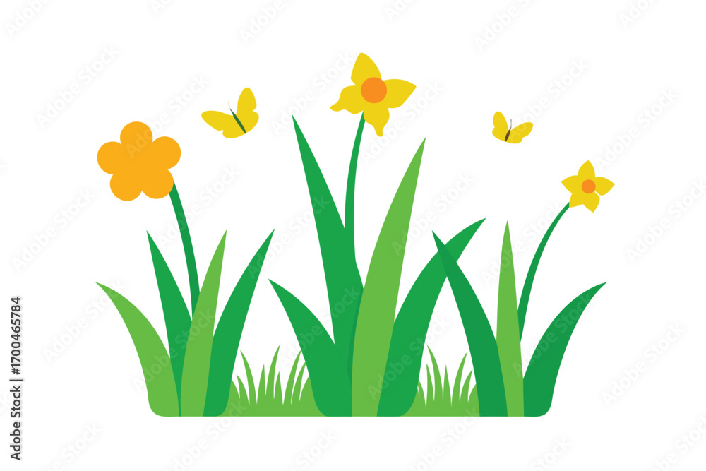 Obraz premium Green Grass with Daffodils and Butterflies on White