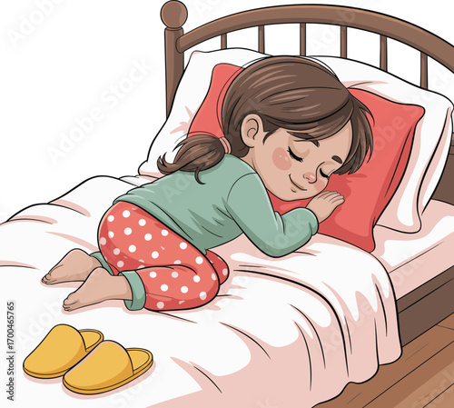 Cute little girl peacefully sleeping on bed with polka dot pajamas, cozy blanket, yellow slippers, calm bedtime, comfortable night rest