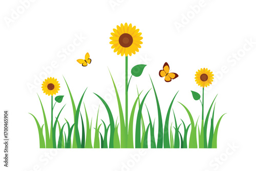 Meadow Grass with Sunflowers and Butterflies Isolated