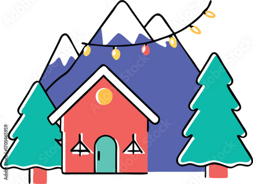 A cartoon illustration of a cozy winter house nestled in a snowy mountain landscape