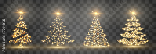 Vector Christmas tree made of glowing lights. Bright shiny Christmas light. Glittering lights in the form of a Christmas tree. Gold glowing spruce luxurious design. Vector on png background.