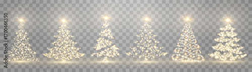 Vector Christmas tree made of glowing lights. Bright shiny Christmas light. Glittering lights in the form of a Christmas tree. Gold glowing spruce luxurious design. Vector on png background.