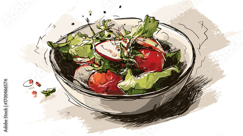 Illustrated bowl of fresh salad with vegetables and herbs.