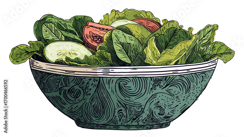 Illustrated bowl of fresh salad with vegetables and herbs.