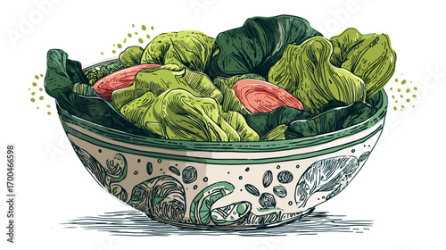 Illustrated bowl of fresh salad with vegetables and herbs.