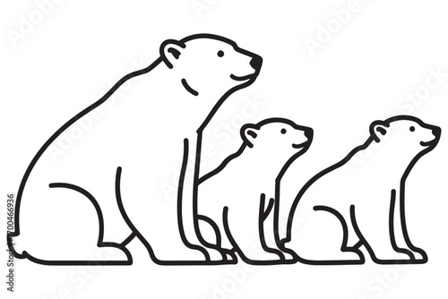 Simple line drawing of a polar bear family, featuring a mother bear and her two cubs, showcasing their bond and natural habitat isolated on white background vector illustration
