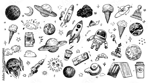 Space-Themed Doodles on Transparent Background