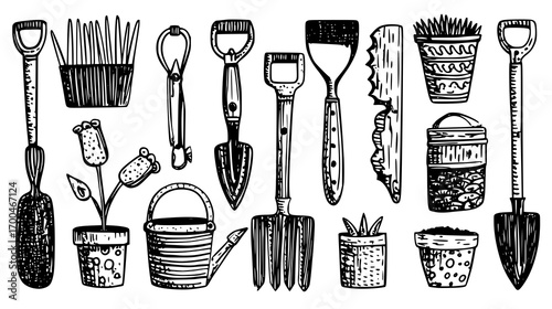 Hand-Drawn Gardening Tools and Plants Illustration