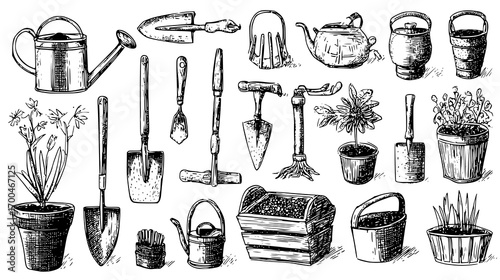 Hand-Drawn Gardening Tools and Plants Illustration