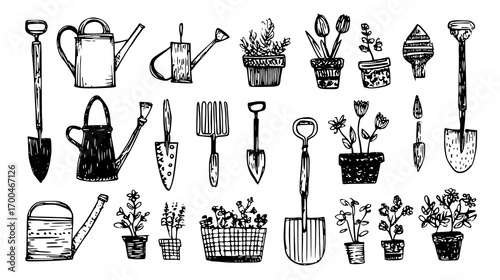 Hand-Drawn Gardening Tools and Plants Illustration
