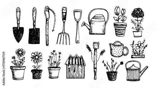 Hand-Drawn Gardening Tools and Plants Illustration