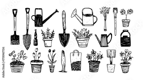 Hand-Drawn Gardening Tools and Plants Illustration