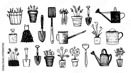 Hand-Drawn Gardening Tools and Plants Illustration