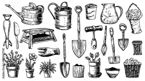 Hand-Drawn Gardening Tools and Plants Illustration