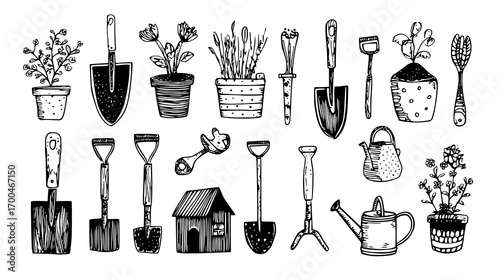 Hand-Drawn Gardening Tools and Plants Illustration