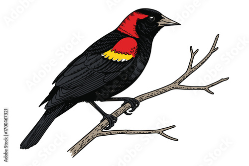 A redwinged blackbird perched on a branch, showcasing its vibrant red and yellow shoulder patches, isolated on white background, creating a striking contrast vector illustration