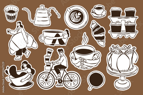 Coffee and dessert doodle stickers in sketch style. Perfect for greeting cards, restaurant menus, posters, postcards, branding, logos, and patterns.