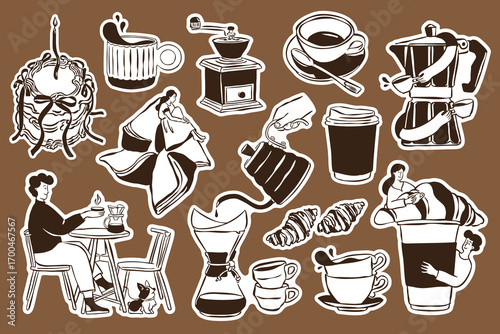 Coffee and dessert doodle stickers in sketch style. Perfect for greeting cards, restaurant menus, posters, postcards, branding, logos, and patterns.