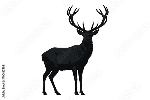 Majestic black stag isolated on white background standing tall with impressive antlers, a symbol of wilderness and natural beauty in monochrome vector illustration