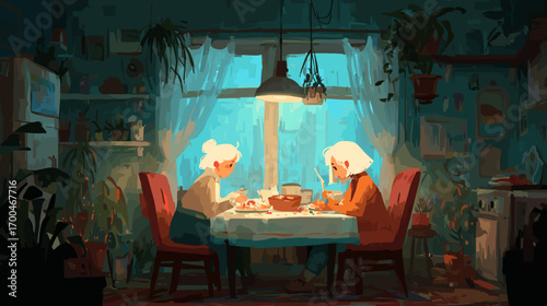 Elderly Women Chatting in Cozy Living Room hand drawn doodle style cozy room 