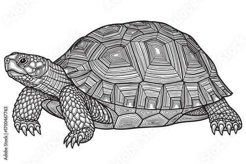 Detailed tortoise isolated on white background, showcasing intricate shell patterns and textures, a symbol of longevity, wisdom, and slow, steady progress vector illustration