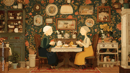 Elderly Women Chatting in Cozy Living Room hand drawn doodle style cozy room 
