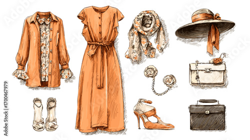 Vintage Fashion Illustration with Dresses and Accessories